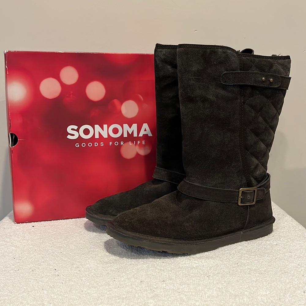 ThredUP. Sonoma Brown Quilted Pull On Suede Boots with Adjustable Straps